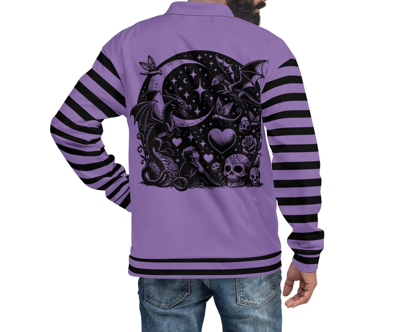 Macabre Gothic Scenery Striped Sleeve Bomber Jacket Gore Pastel Goth Y2K Grunge Dragon Purple Coat