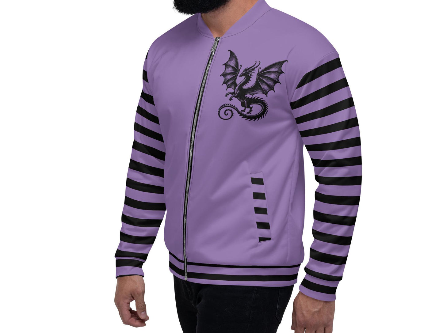 Macabre Gothic Scenery Striped Sleeve Bomber Jacket Gore Pastel Goth Y2K Grunge Dragon Purple Coat