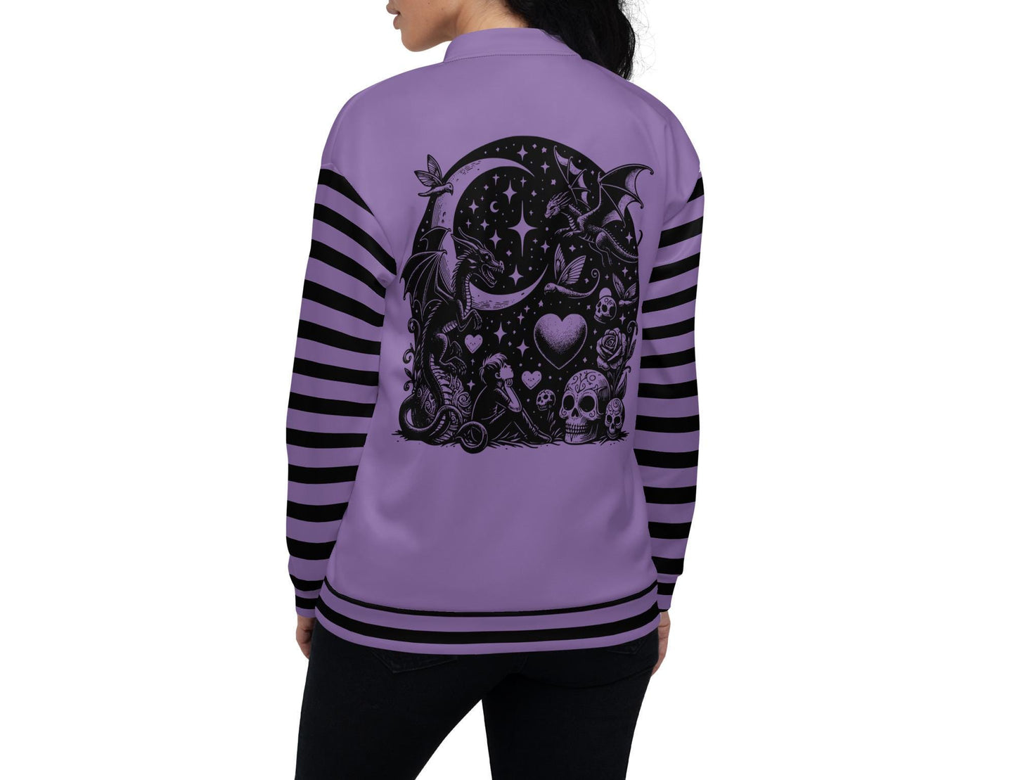 Macabre Gothic Scenery Striped Sleeve Bomber Jacket Gore Pastel Goth Y2K Grunge Dragon Purple Coat