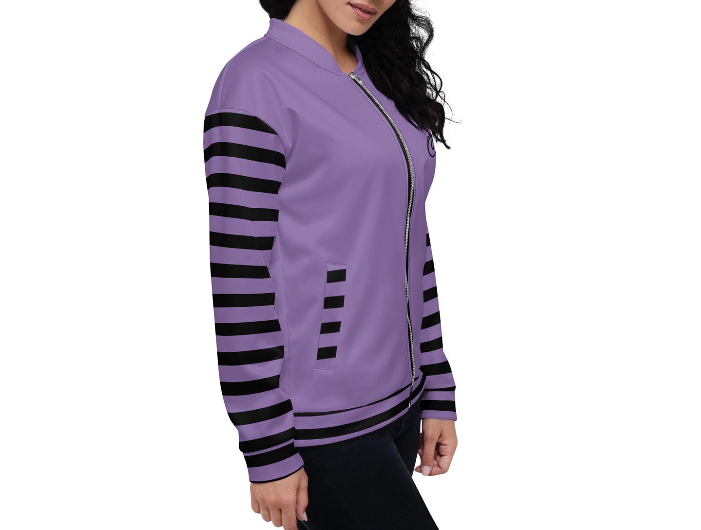 Macabre Gothic Scenery Striped Sleeve Bomber Jacket Gore Pastel Goth Y2K Grunge Dragon Purple Coat