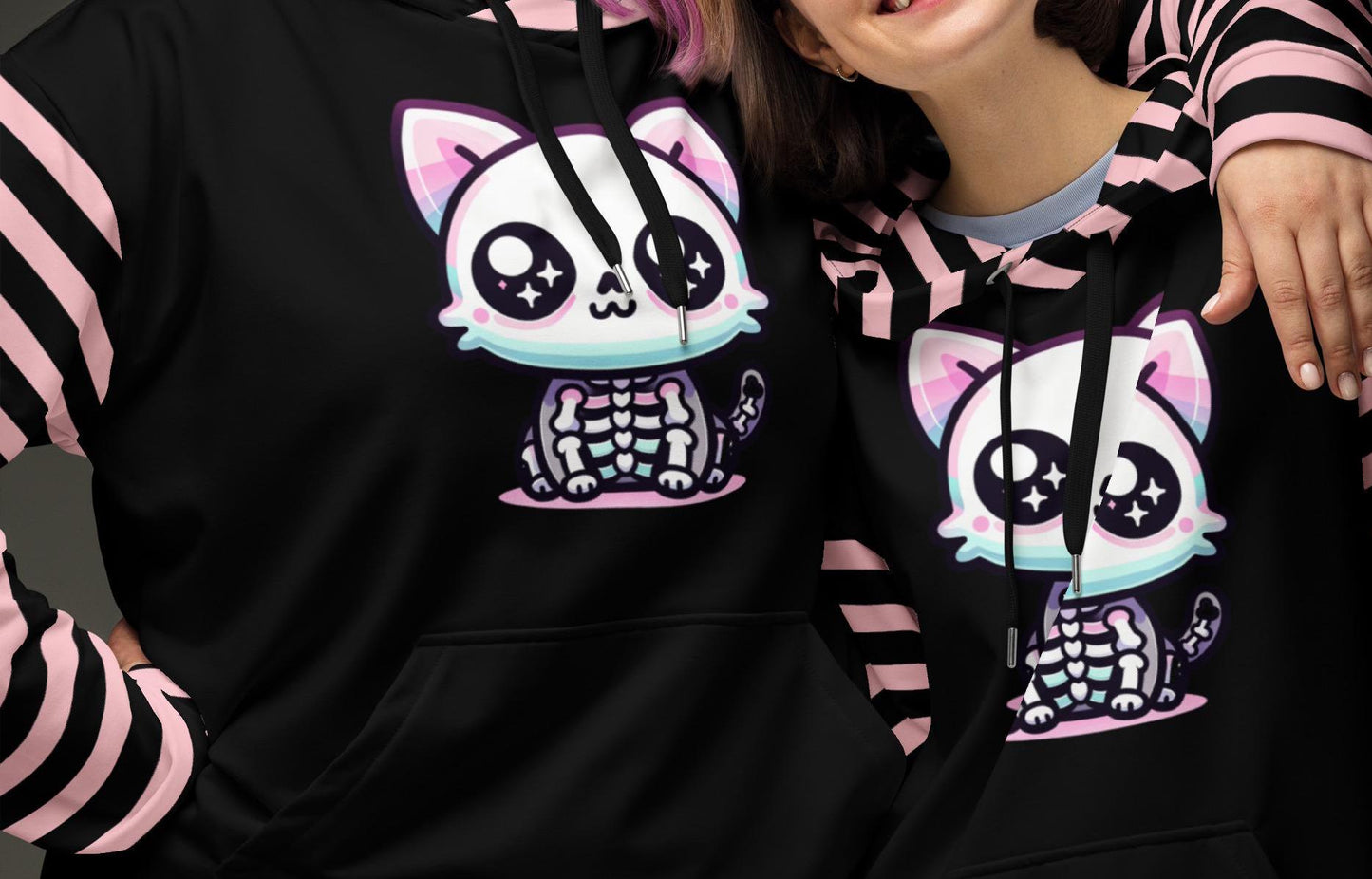 Cute Weirdcore Skeleton Kitty Cat Unisex Hoodie Pastel Grunge Goth Kidcore Long Sleeve Graphic Hoodie