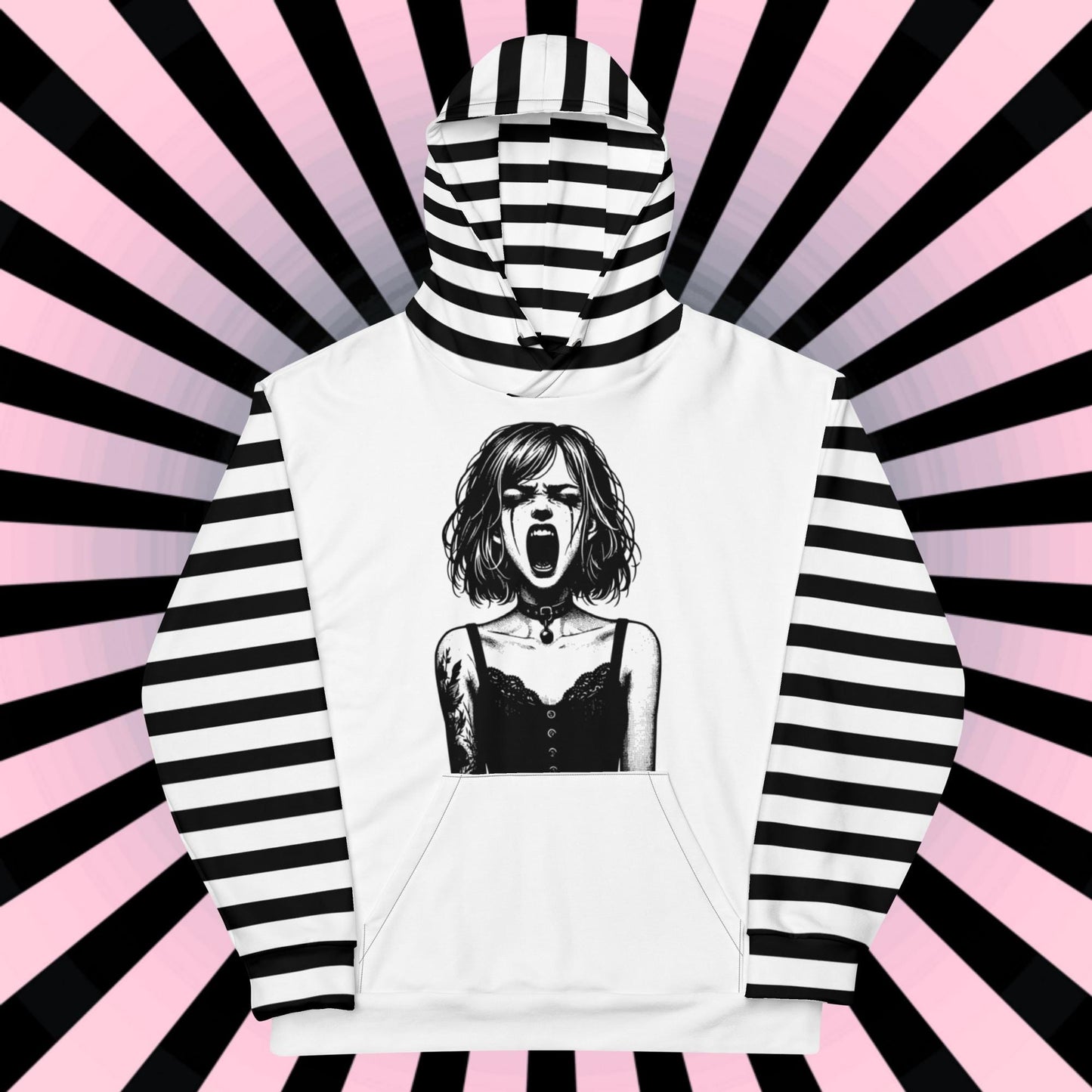 Black and White Screaming Gothic Girl Striped Pastel Goth Grunge Y2K Long Sleeve Unisex Hoodie