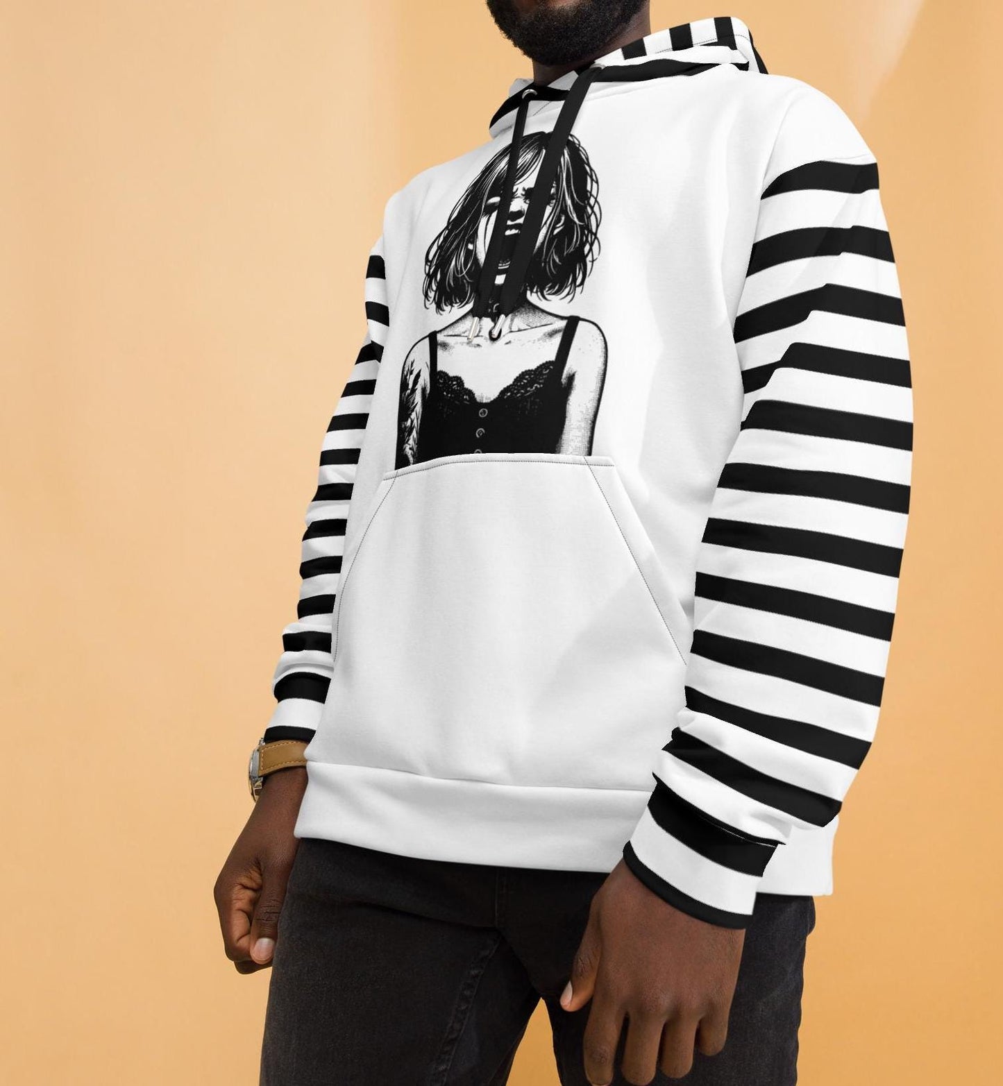 Black and White Screaming Gothic Girl Striped Pastel Goth Grunge Y2K Long Sleeve Unisex Hoodie