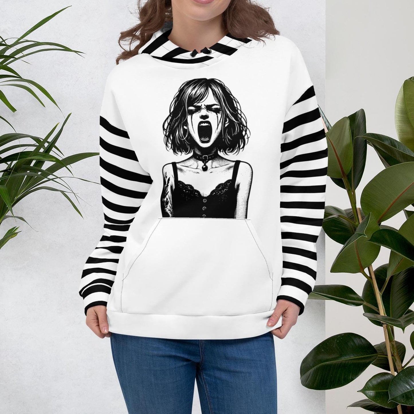 Black and White Screaming Gothic Girl Striped Pastel Goth Grunge Y2K Long Sleeve Unisex Hoodie
