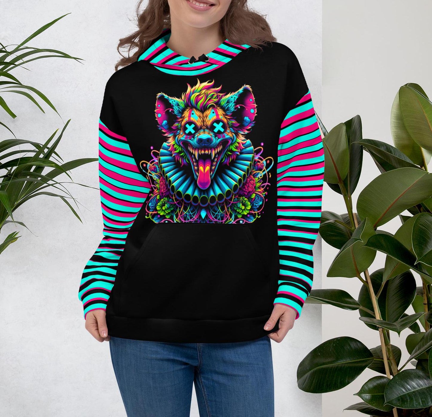 Striped Creepy Neon Goth Weirdcore Hyena Clown Graphic Unisex Hoodie Y2K Clowncore Grunge Shirt