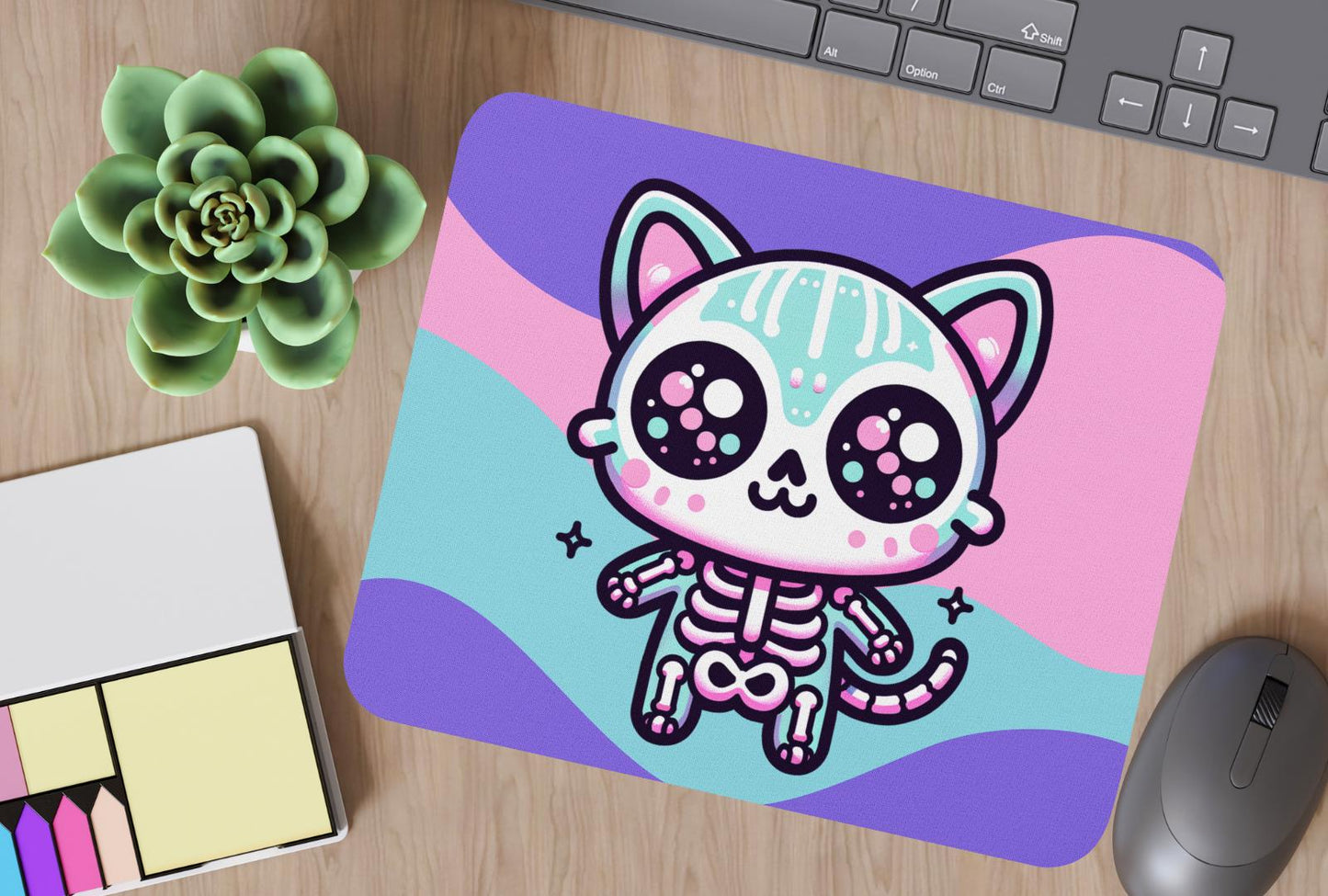 Spooky Cute Pastel Skeleton Kitty Cat Gaming Dorm Office Desk Mouse Pad Weirdcore Grunge Decor