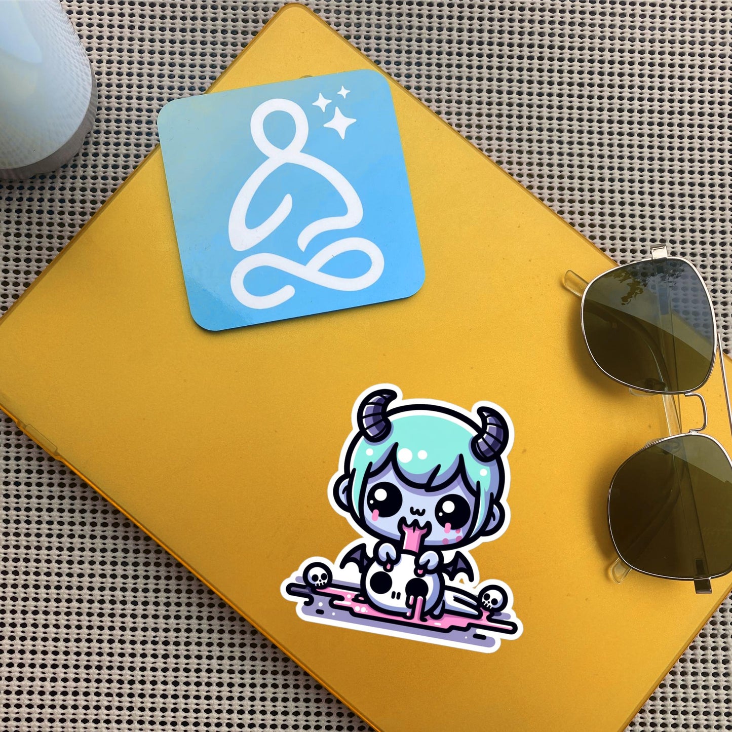 Spooky Cute Demon Boy Licking Skull Decal Weirdcore Pastel Grunge Gothic Vinyl Waterproof Sticker