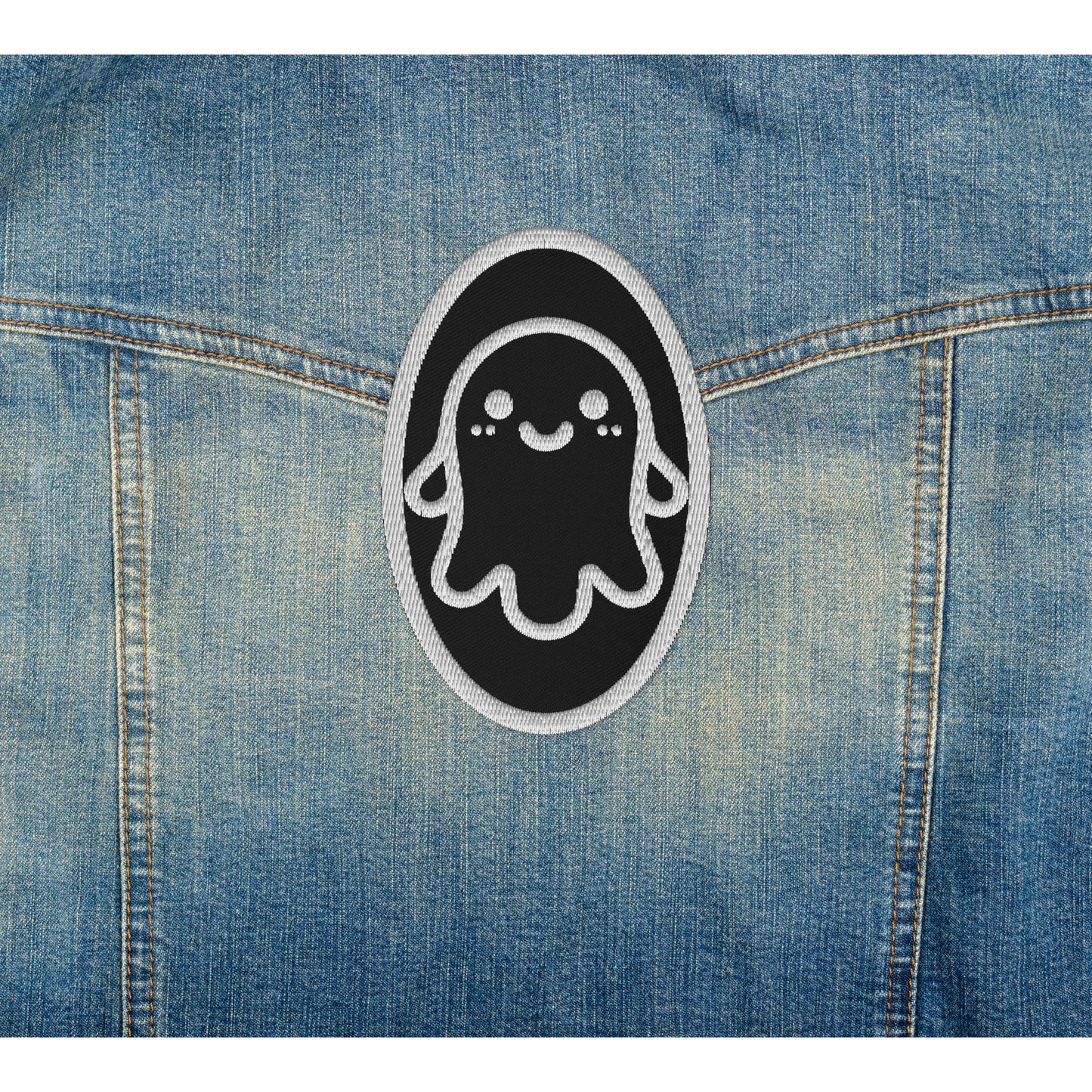 Creepy Cute Weirdcore Grunge Ghost Embroidered Iron On Sew On Patch Black Background