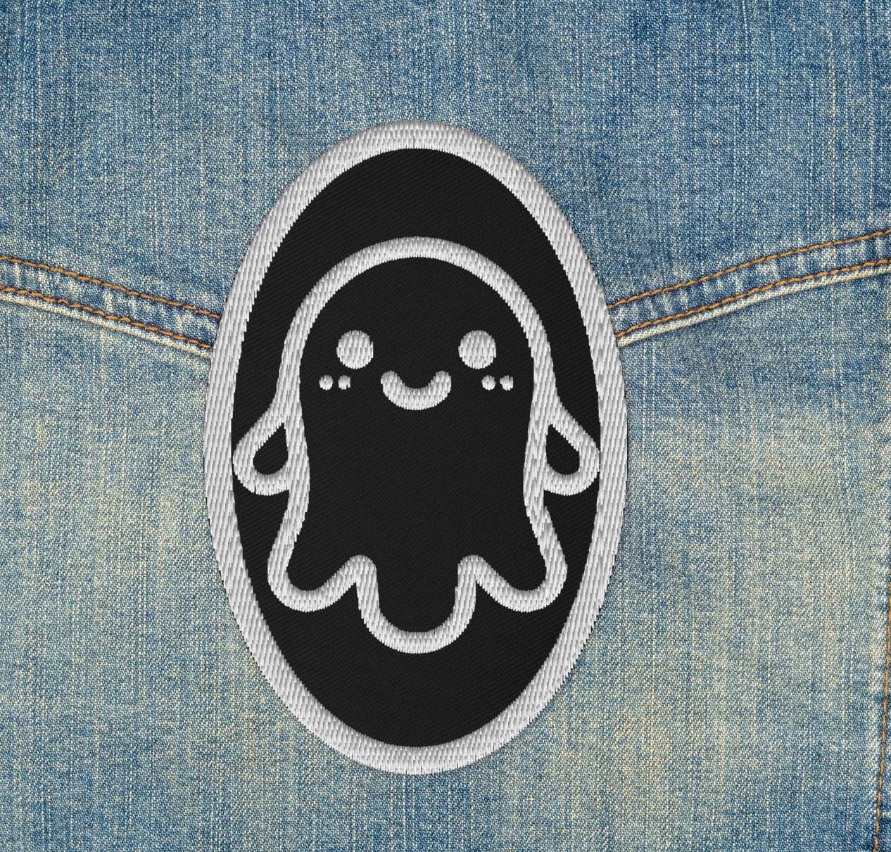 Creepy Cute Weirdcore Grunge Ghost Embroidered Iron On Sew On Patch Black Background
