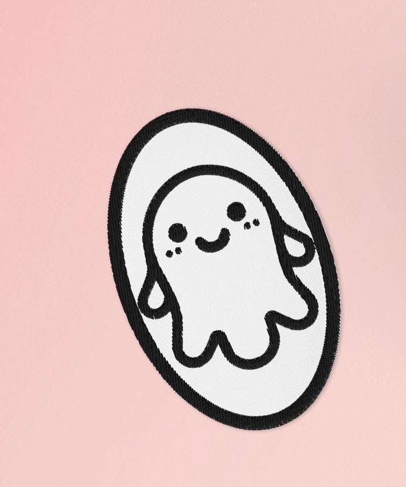Creepy Cute Weirdcore Grunge Ghost Embroidered Iron On Sew On Patch White Background
