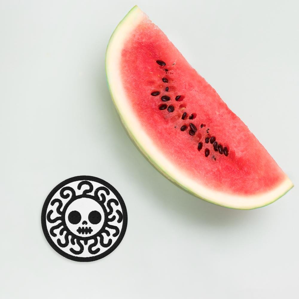 Spooky Cute Grunge Medusa Embroidered Patch With White Background and Black Stitching