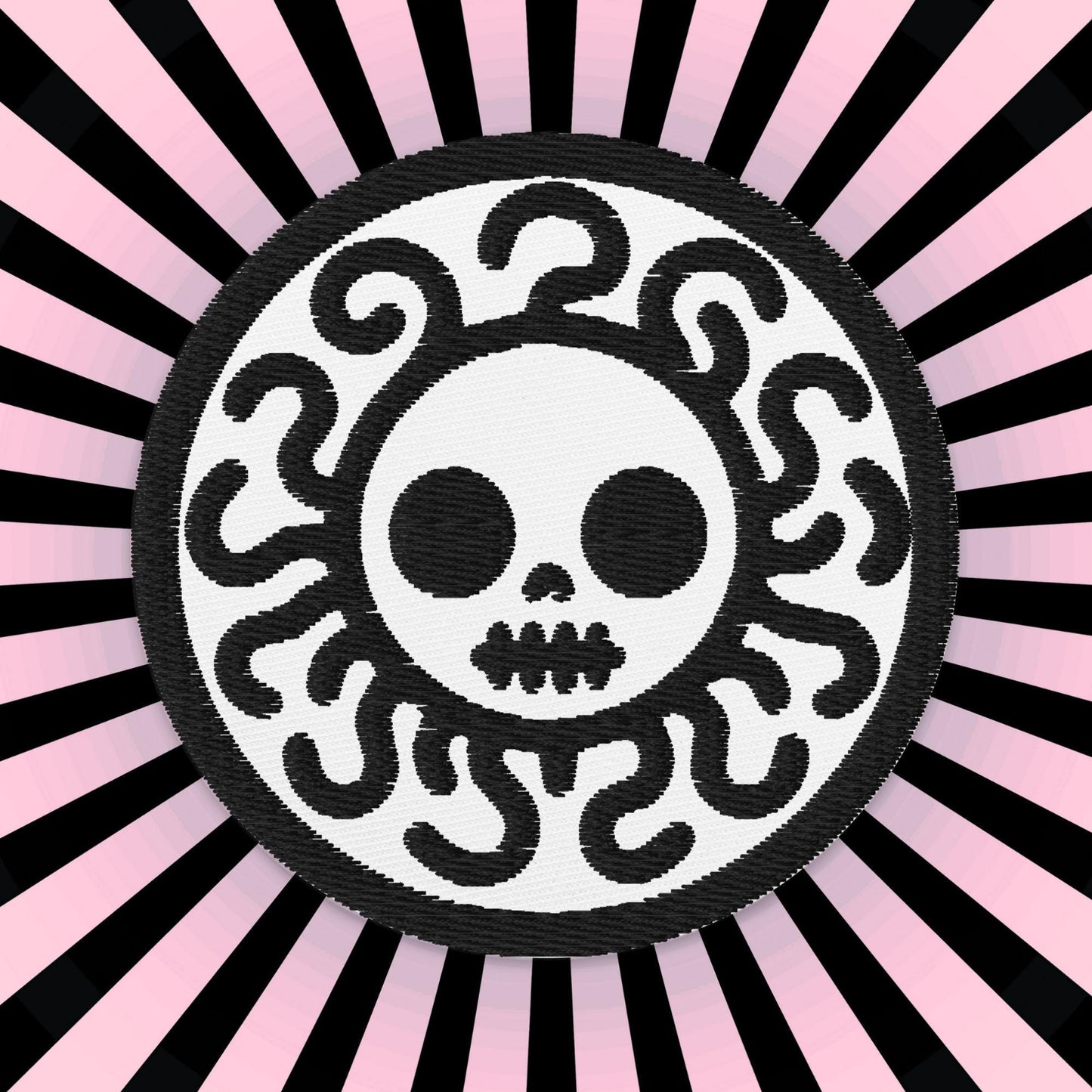 Spooky Cute Grunge Medusa Embroidered Patch With White Background and Black Stitching