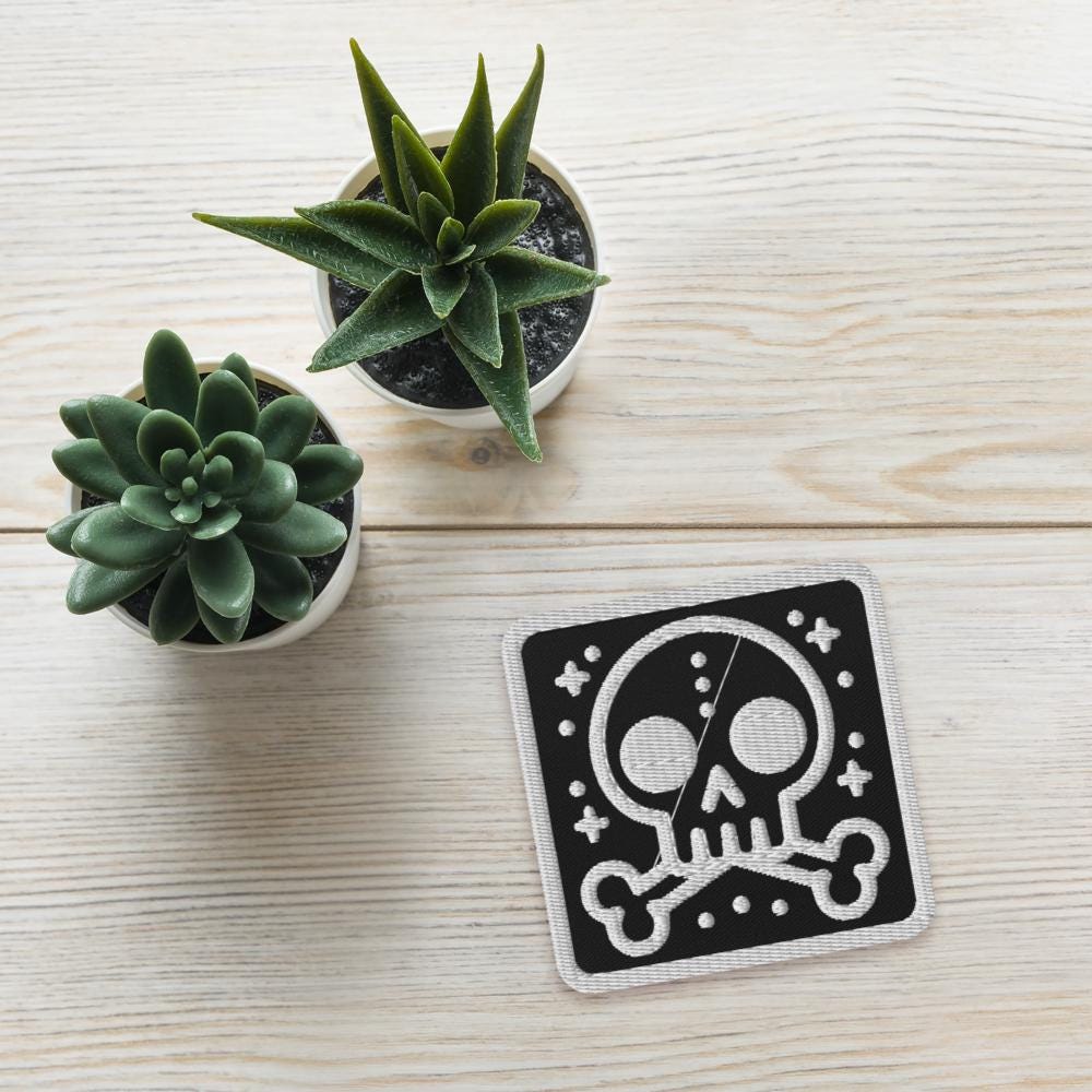 Spooky Cute Weirdcore Grunge Bubble Skull Goth Embroidered Patch White Stitching and Black Background