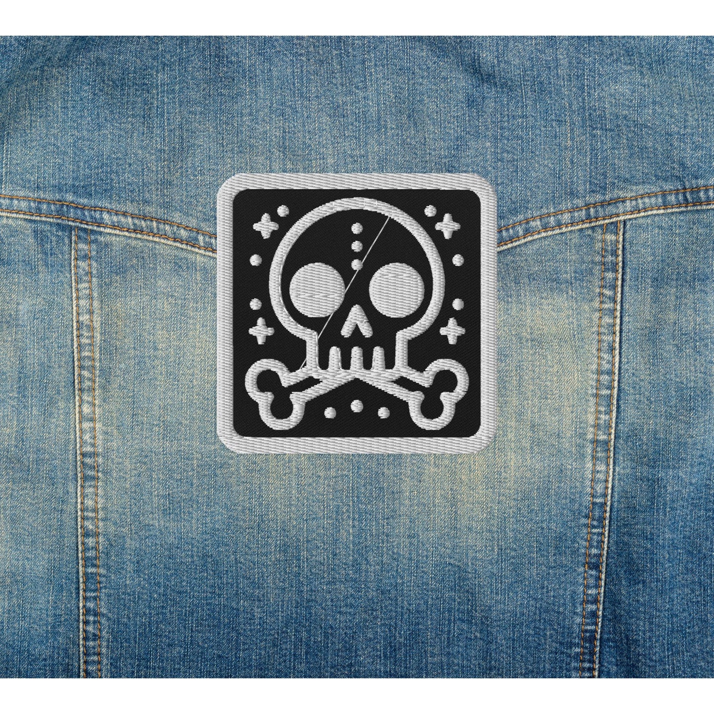Spooky Cute Weirdcore Grunge Bubble Skull Goth Embroidered Patch White Stitching and Black Background