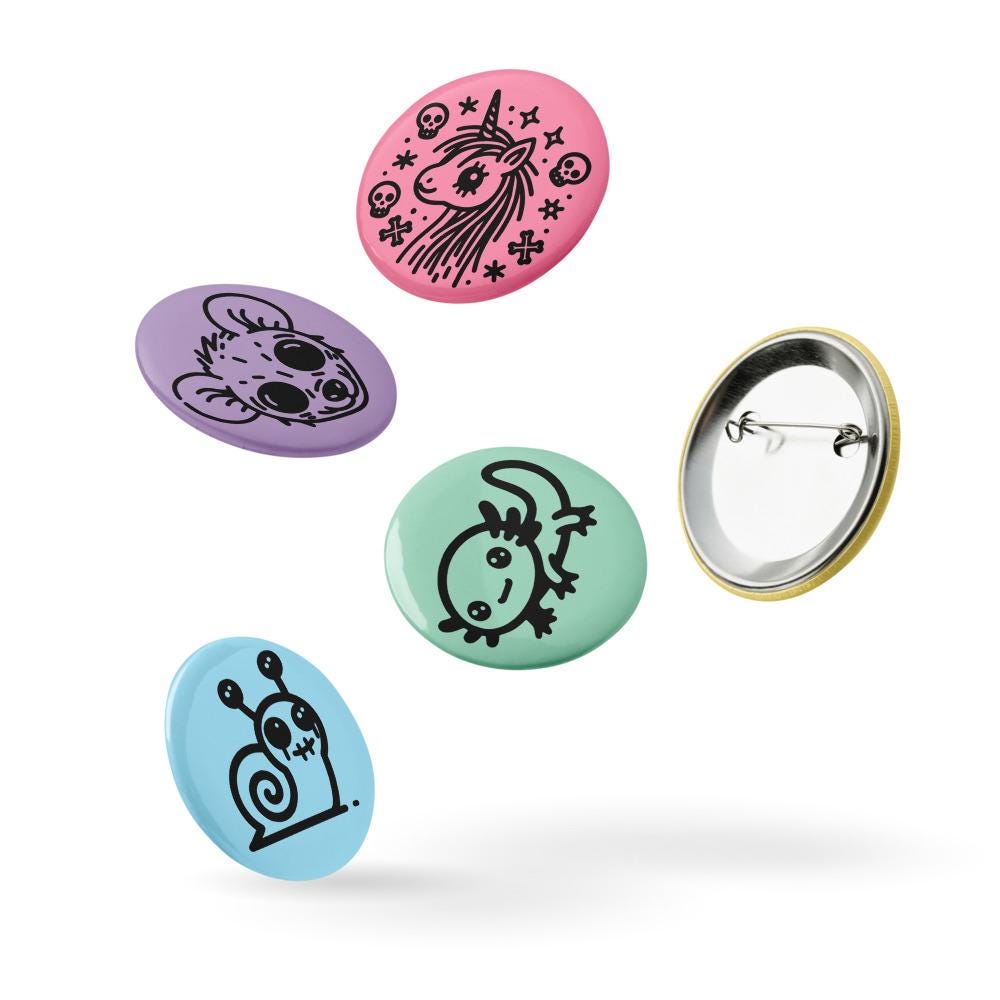 Spooky Cute Pastel Goth Weirdcore Animal Set of 5 Button Pins