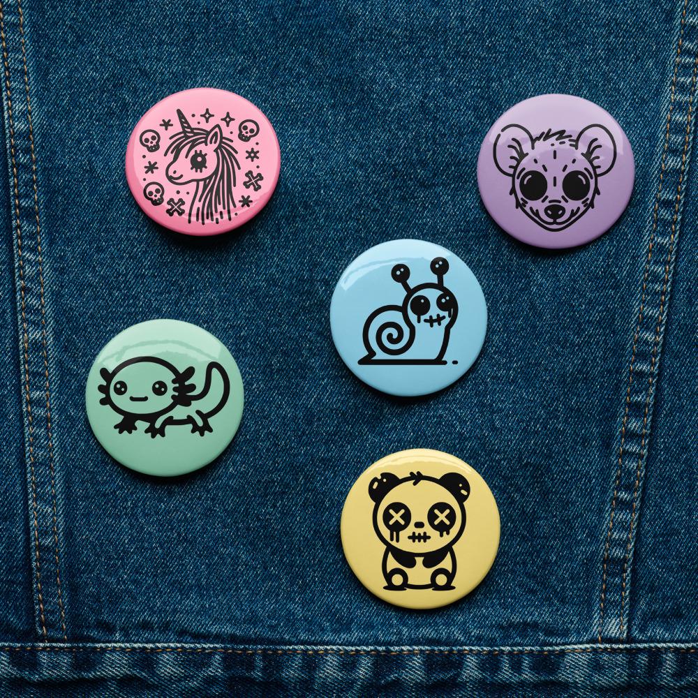 Spooky Cute Pastel Goth Weirdcore Animal Set of 5 Button Pins