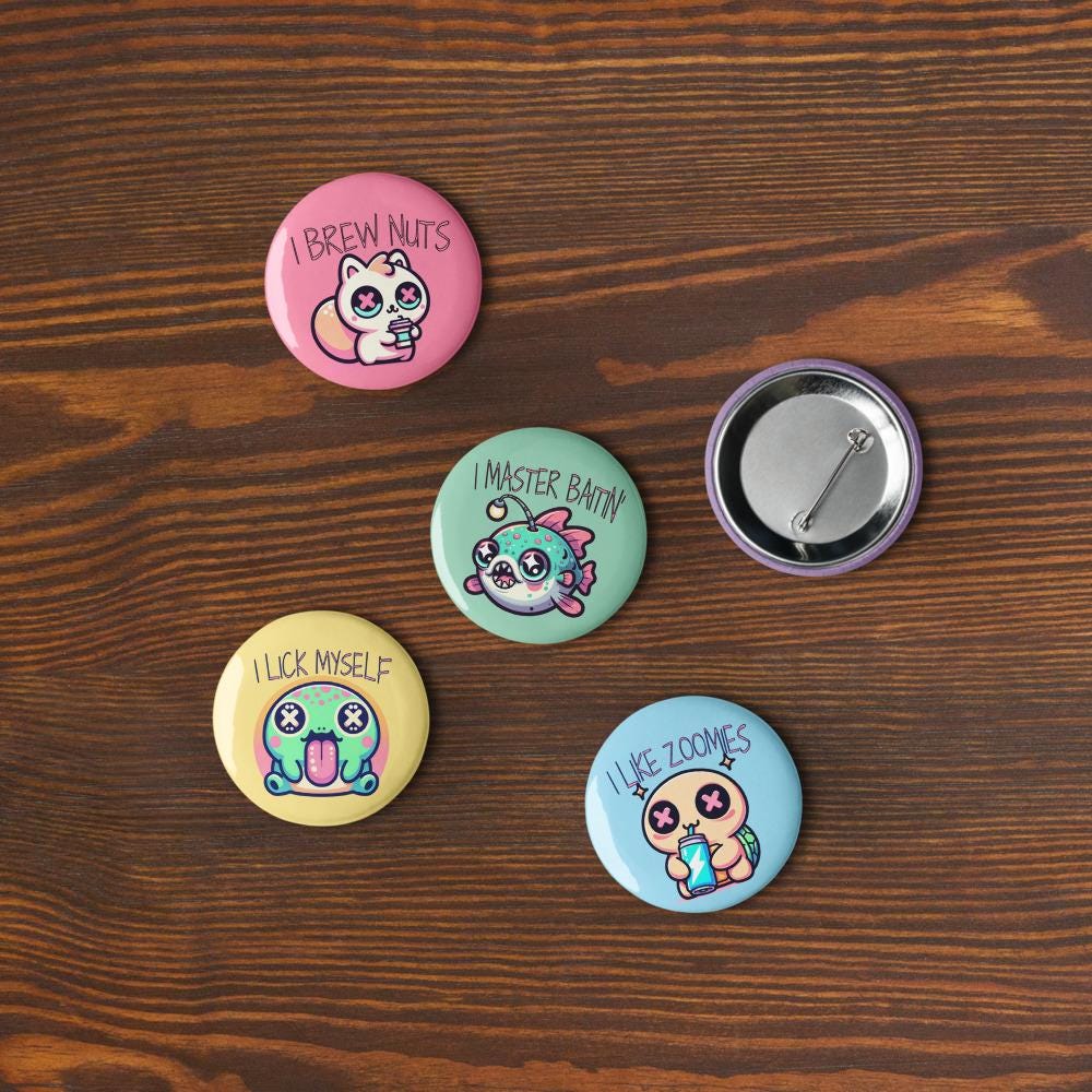 Trippy Cute Weirdcore Kawaii Pastel Goth Bad Habit Animals Set of 5 Pin Buttons
