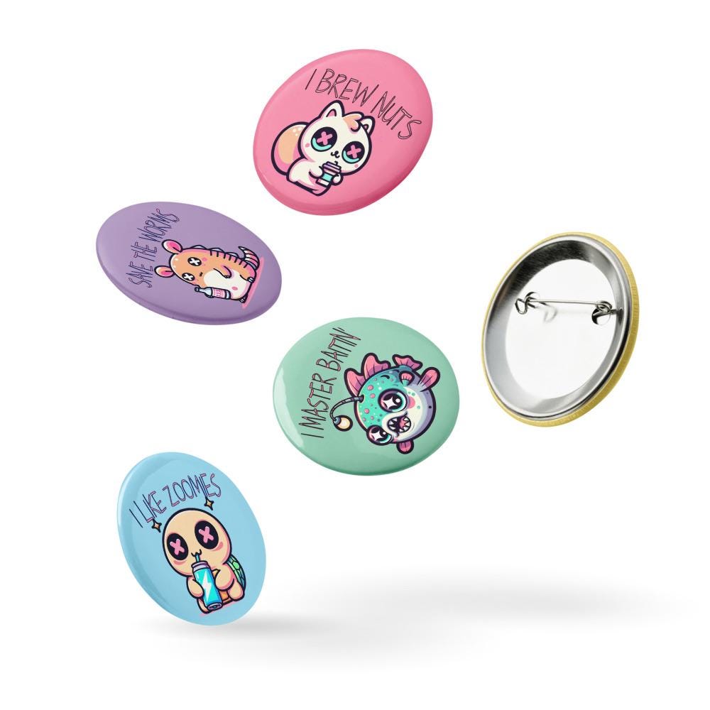 Trippy Cute Weirdcore Kawaii Pastel Goth Bad Habit Animals Set of 5 Pin Buttons