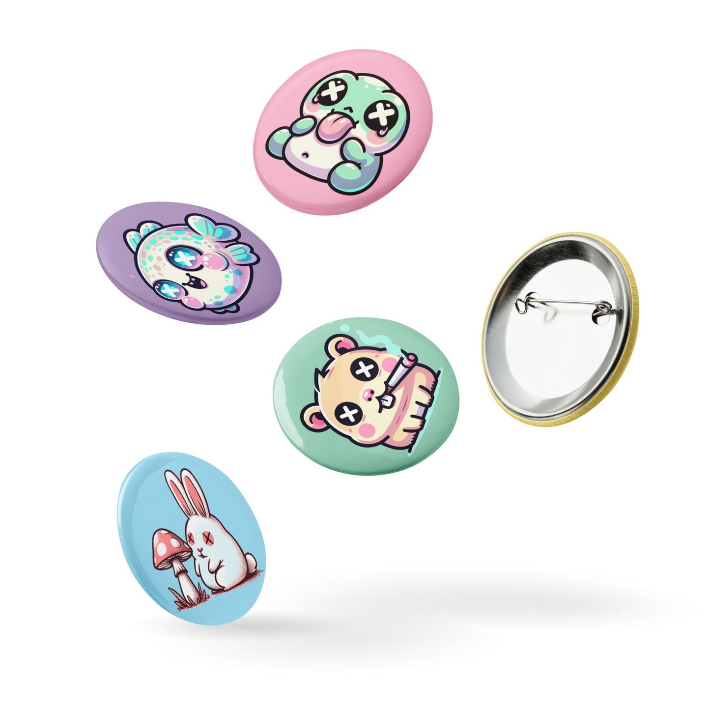 Fun Trippy Kawaii Pastel Goth Grunge Animals Set of 5 Pin Buttons
