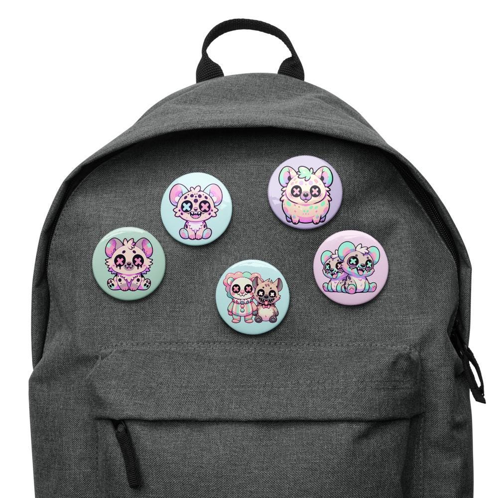 Creepy Cute Weirdcore Hyena Clowncore Set of 5 Pin Buttons