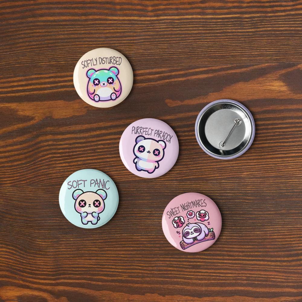 Trippy Weirdcore Mental Health Kawaii Pastel Goth Set of 5 Pin Buttons