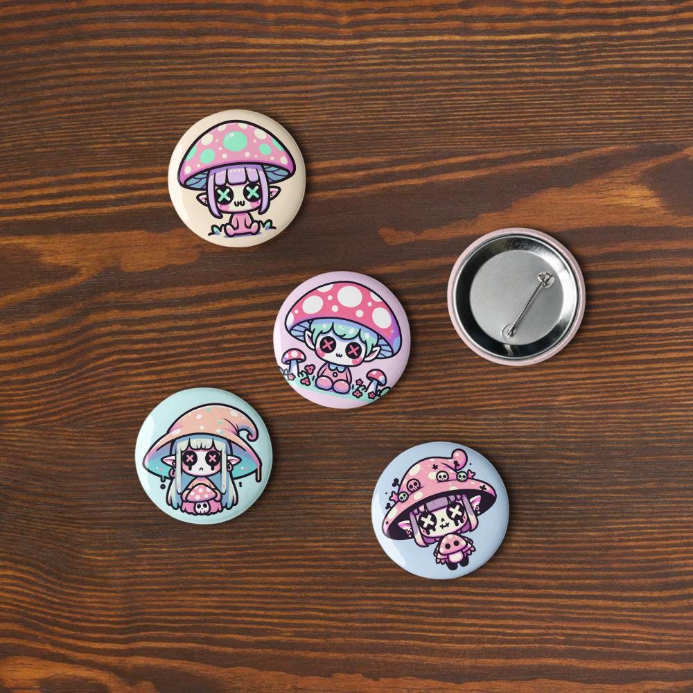 Trippy Pastel Grunge Goth Mushroom People Kawaii Set of 5 Button Pins