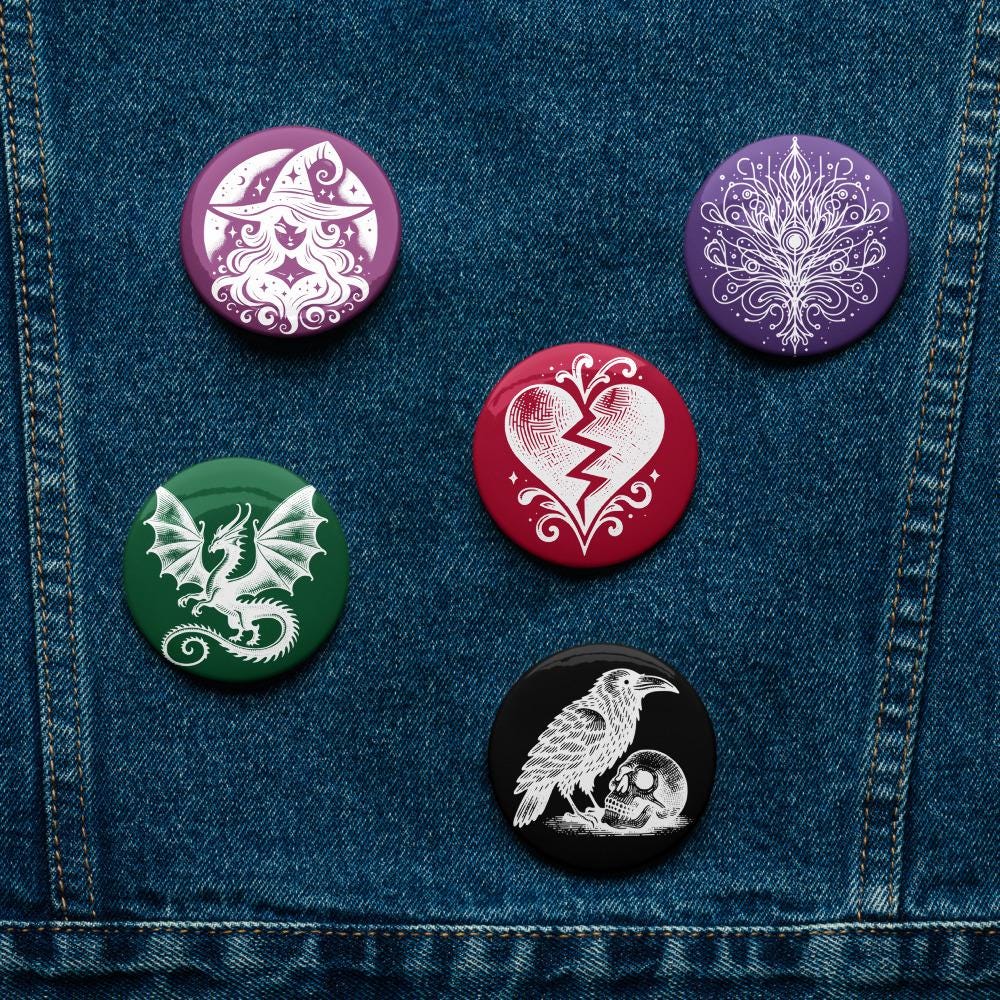 Vibrant Colored Gothic Art Set of 5 Pin Buttons of Raven Witch Dragon