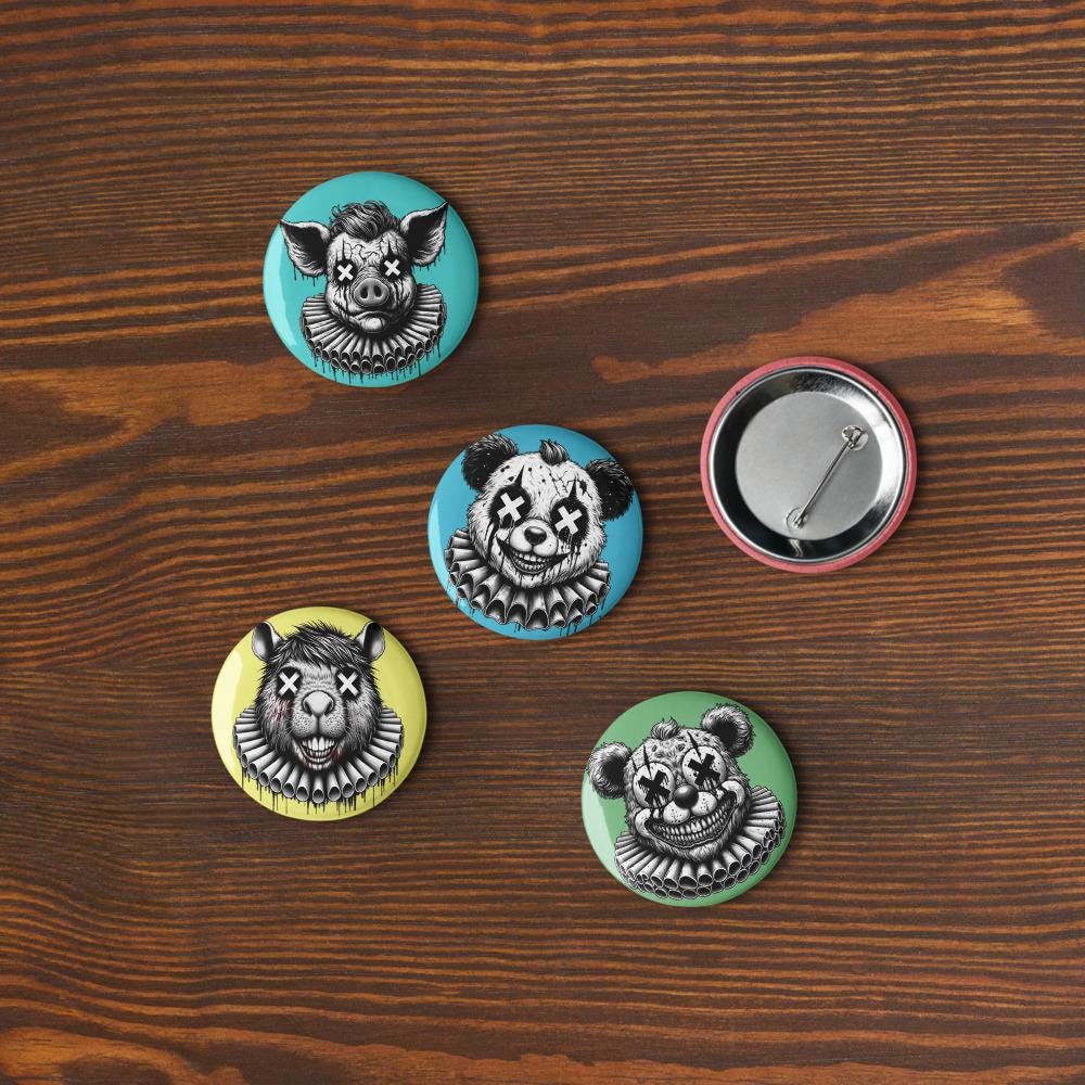 Creepy Spooky Dark Clowncore Gore Clown Amimals Gothic Weirdcore Set of 5 Button Pins