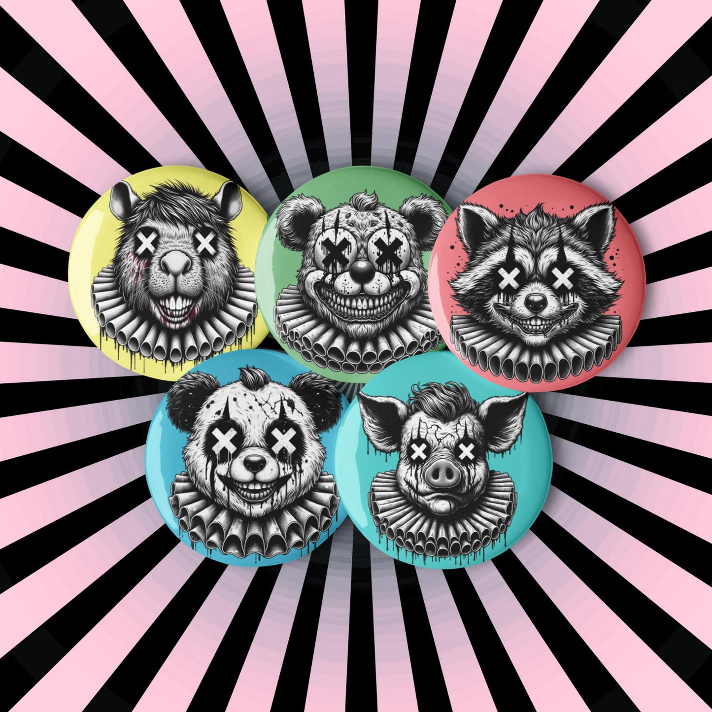 Creepy Spooky Dark Clowncore Gore Clown Amimals Gothic Weirdcore Set of 5 Button Pins