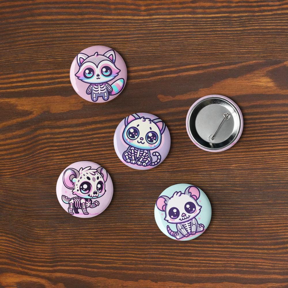 Cute Pastel Goth Skeleton Pets Raccoon Hyena Cat Dog Opossum Pins