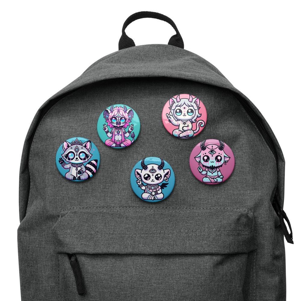 Creepy Cute Weirdcore Shaman Demon Animals Set of 5 Button Pins