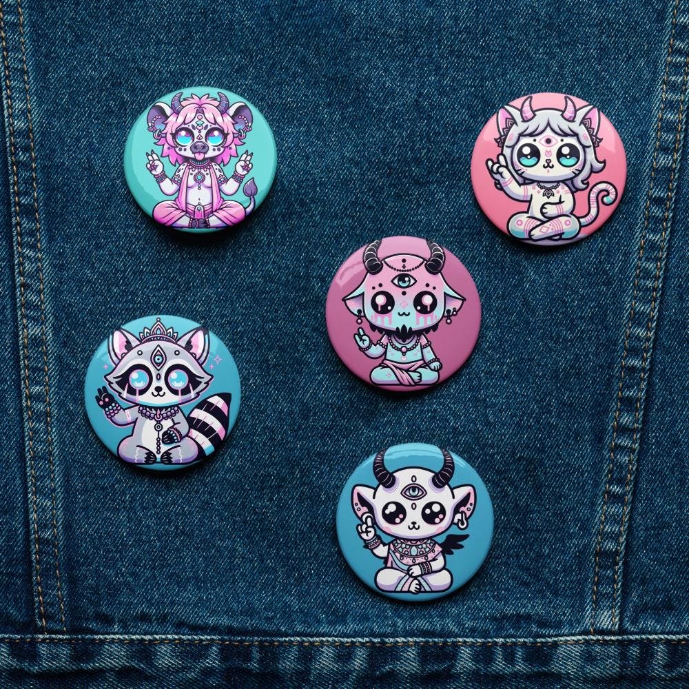 Creepy Cute Weirdcore Shaman Demon Animals Set of 5 Button Pins