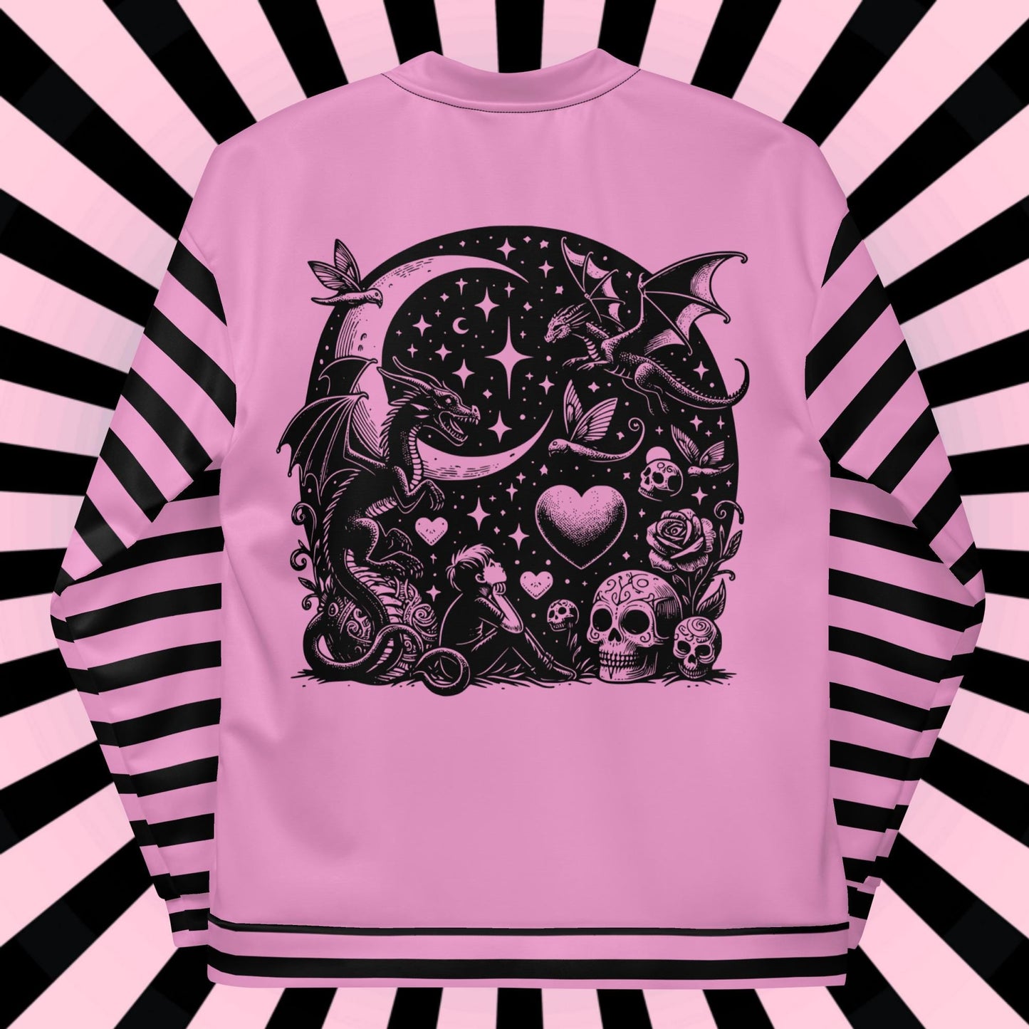 Macabre Gothic Scenery Striped Sleeve Bomber Jacket Gore Pastel Goth Y2K Grunge Dragon Racing Jacket