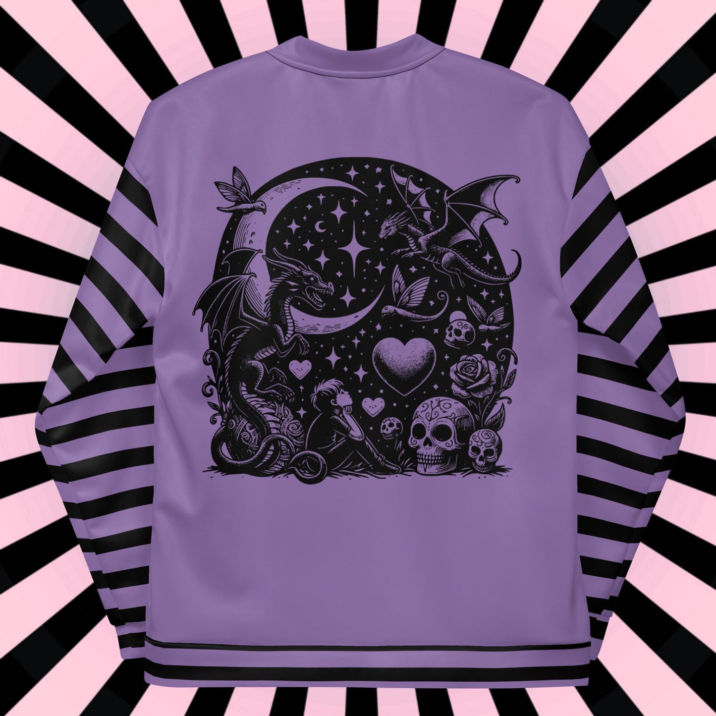 Macabre Gothic Scenery Striped Sleeve Bomber Jacket Gore Pastel Goth Y2K Grunge Dragon Purple Coat