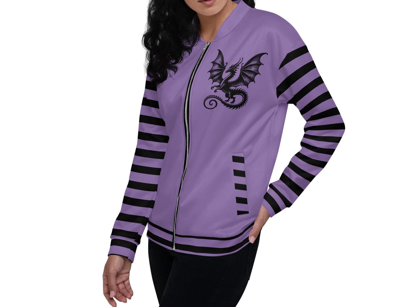 Macabre Gothic Scenery Striped Sleeve Bomber Jacket Gore Pastel Goth Y2K Grunge Dragon Purple Coat