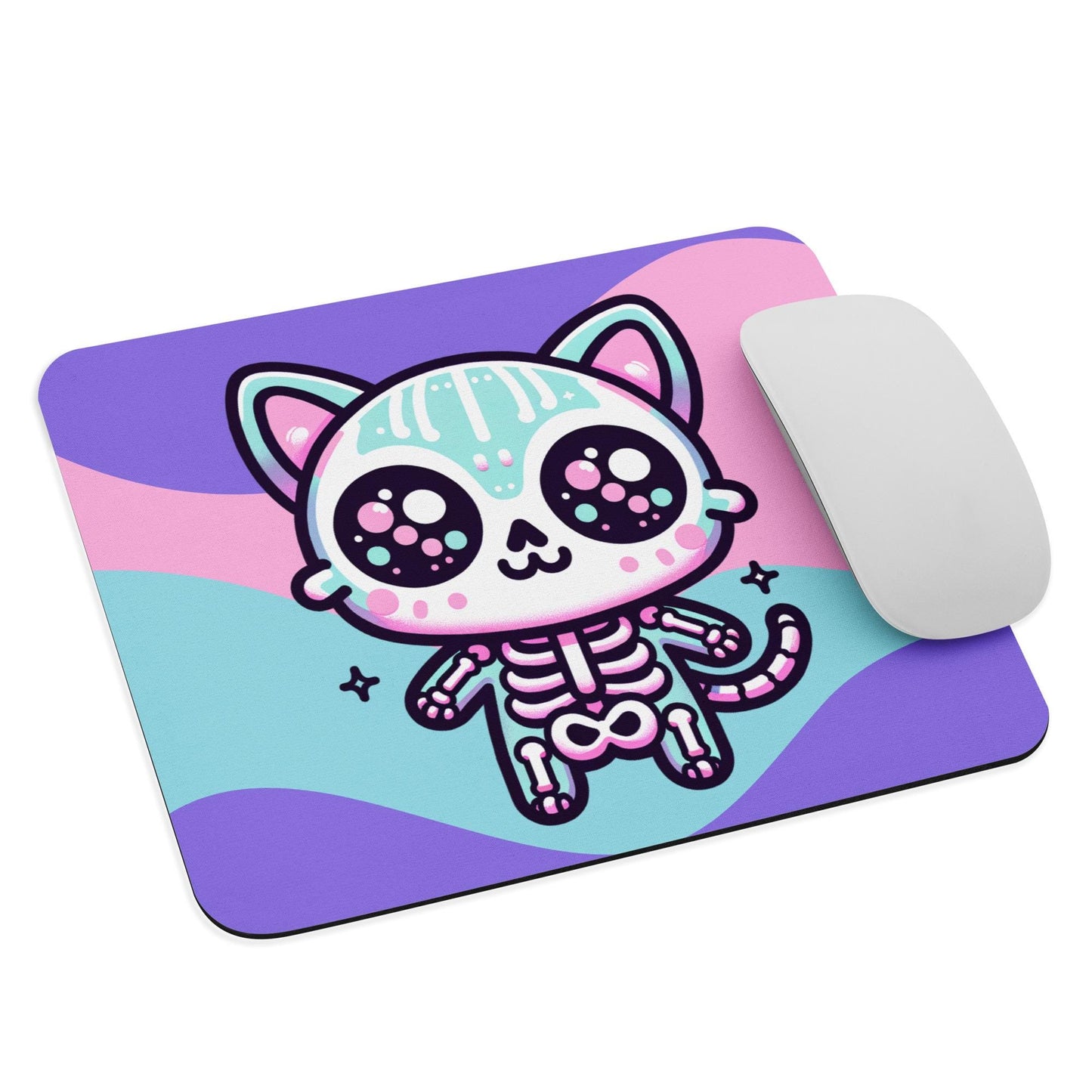 Spooky Cute Pastel Skeleton Kitty Cat Gaming Dorm Office Desk Mouse Pad Weirdcore Grunge Decor