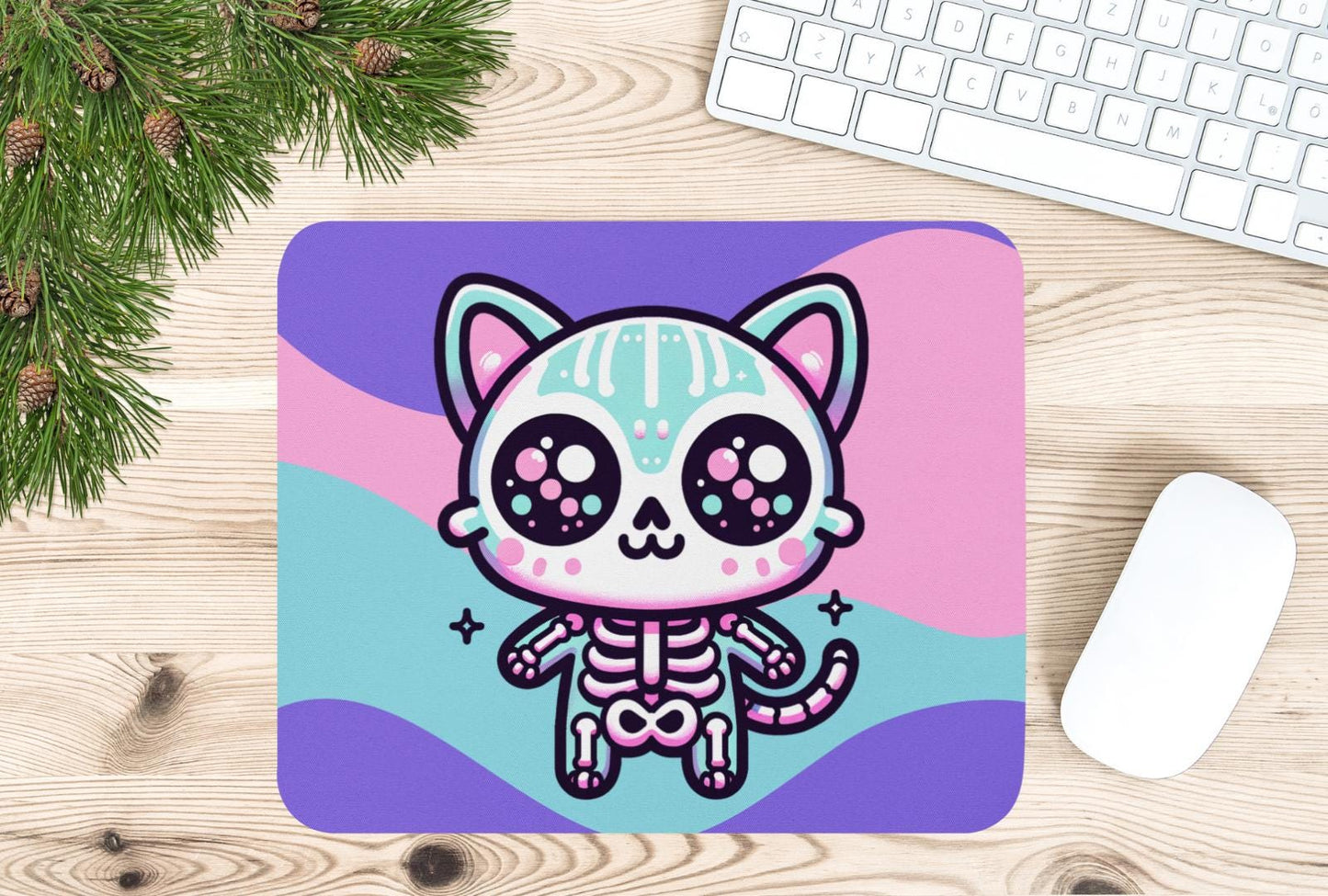 Spooky Cute Pastel Skeleton Kitty Cat Gaming Dorm Office Desk Mouse Pad Weirdcore Grunge Decor