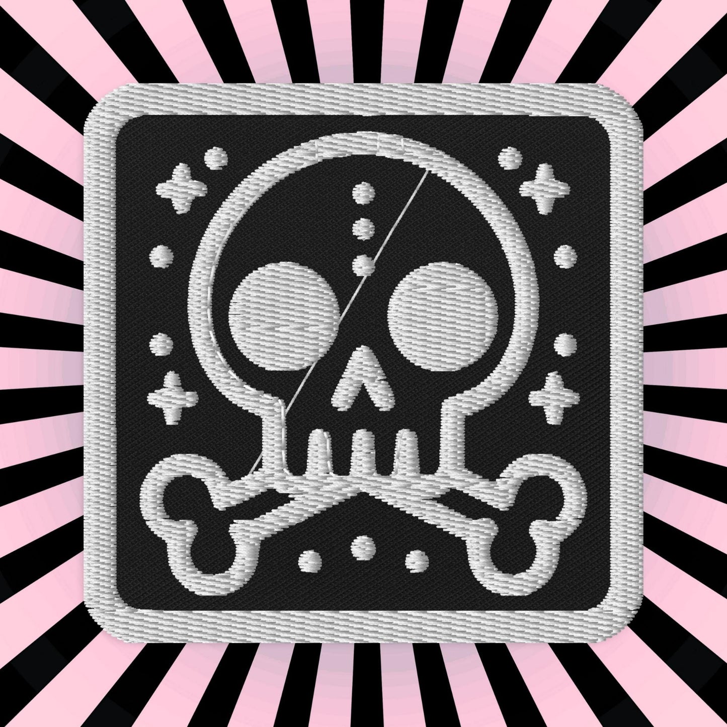 Spooky Cute Weirdcore Grunge Bubble Skull Goth Embroidered Patch White Stitching and Black Background