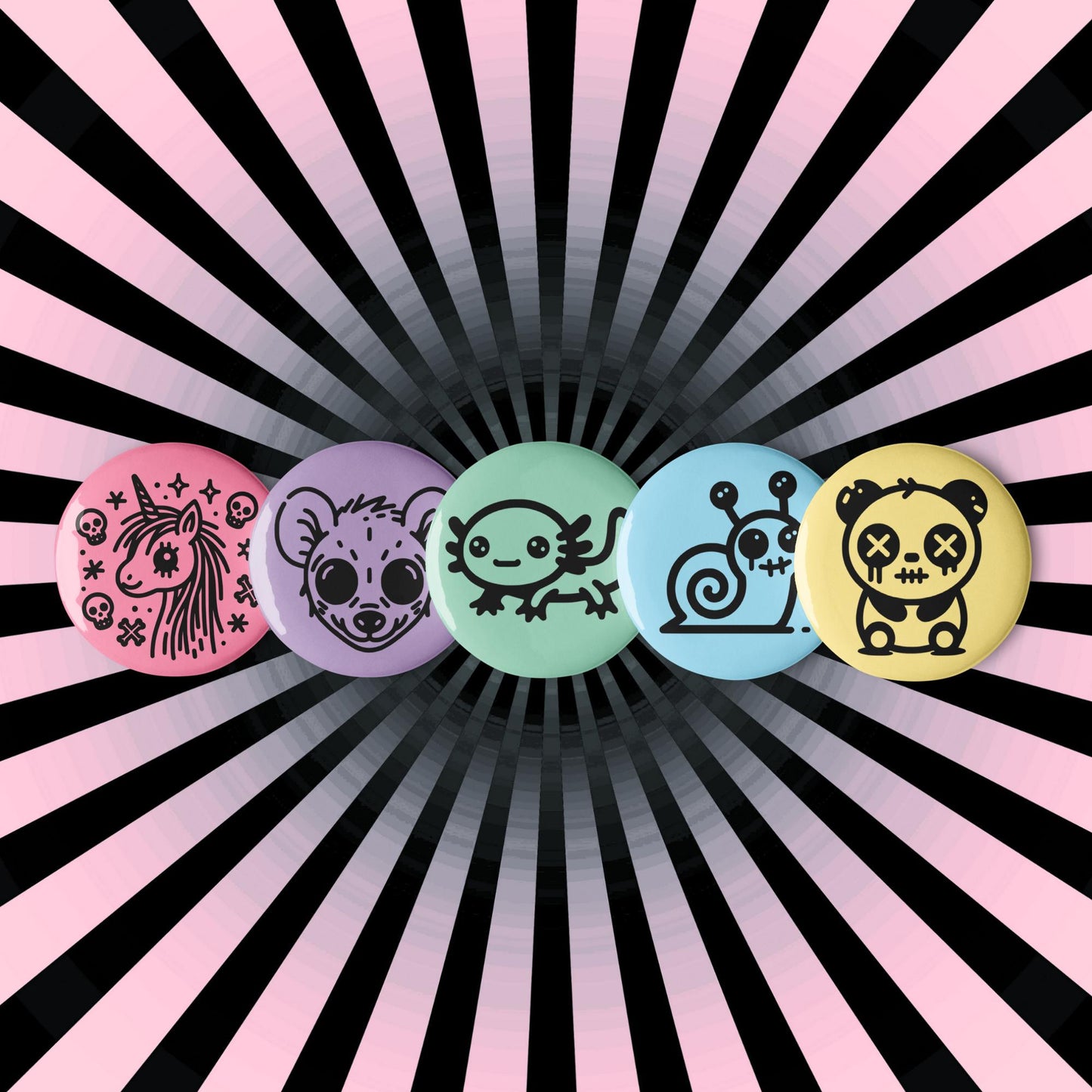 Spooky Cute Pastel Goth Weirdcore Animal Set of 5 Button Pins
