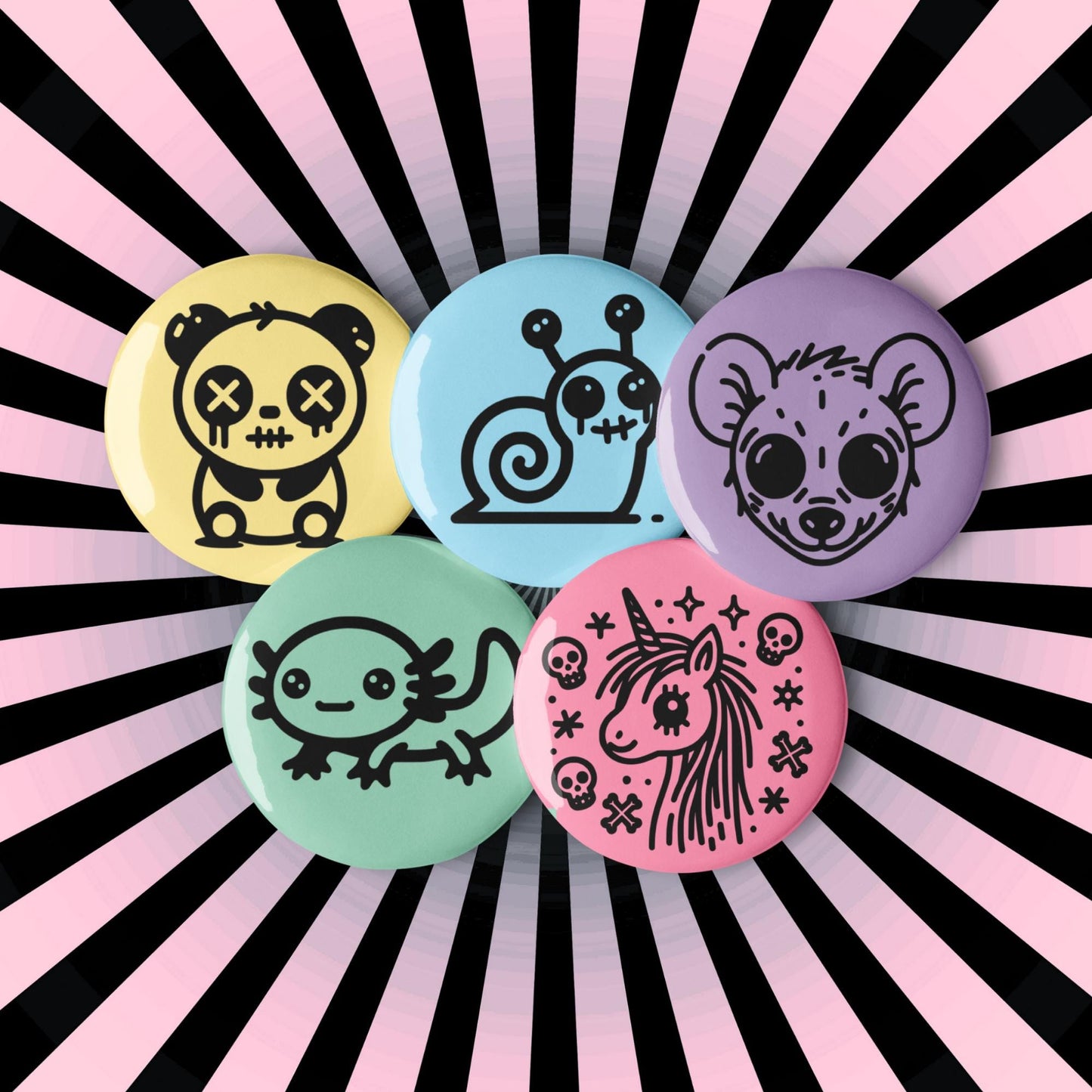 Spooky Cute Pastel Goth Weirdcore Animal Set of 5 Button Pins