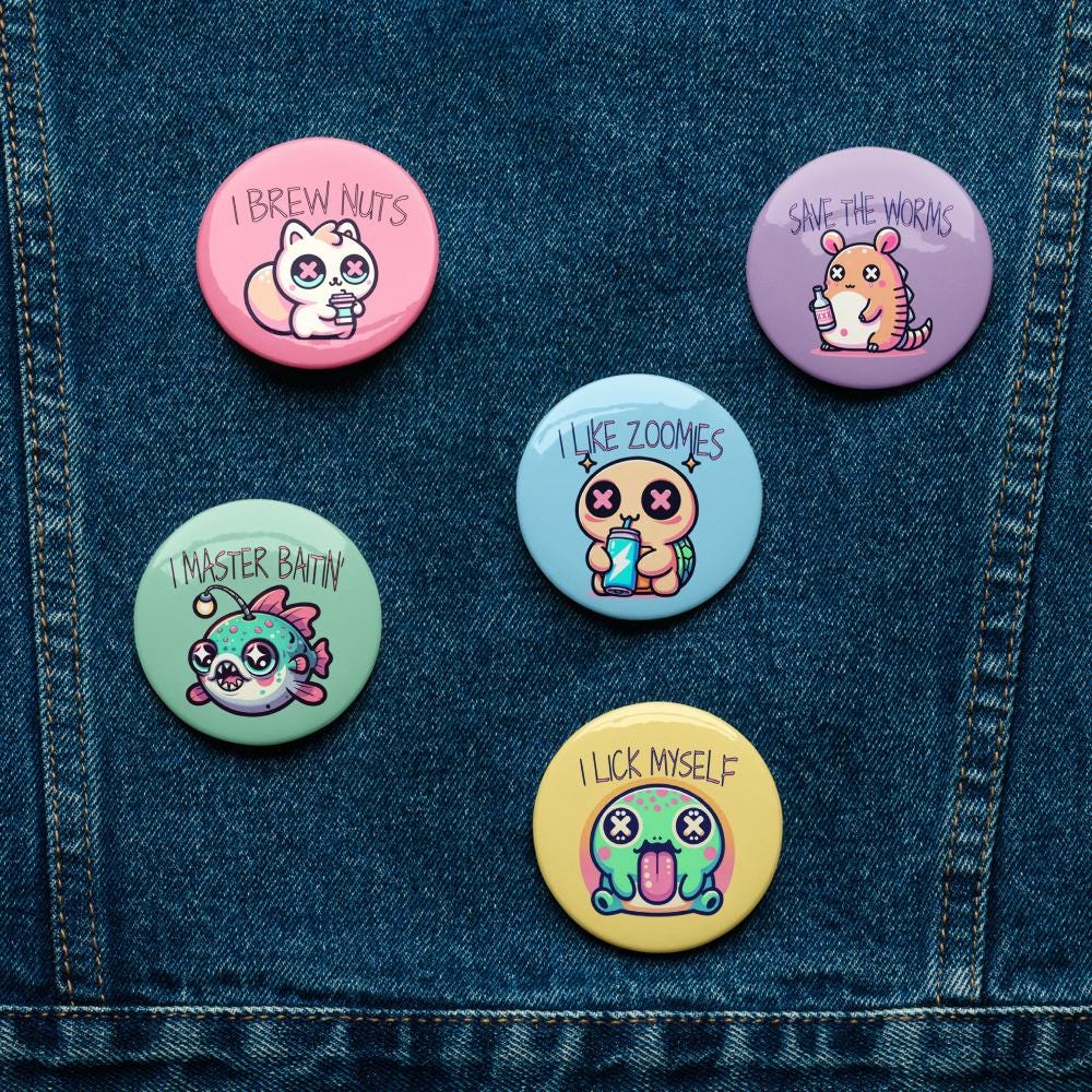 Trippy Cute Weirdcore Kawaii Pastel Goth Bad Habit Animals Set of 5 Pin Buttons
