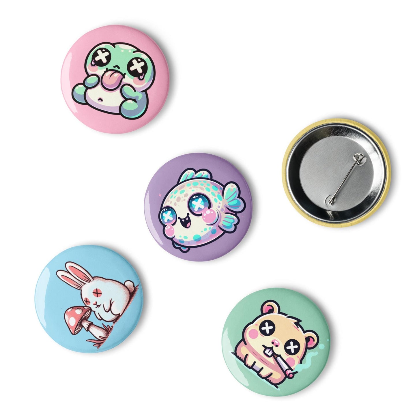 Fun Trippy Kawaii Pastel Goth Grunge Animals Set of 5 Pin Buttons