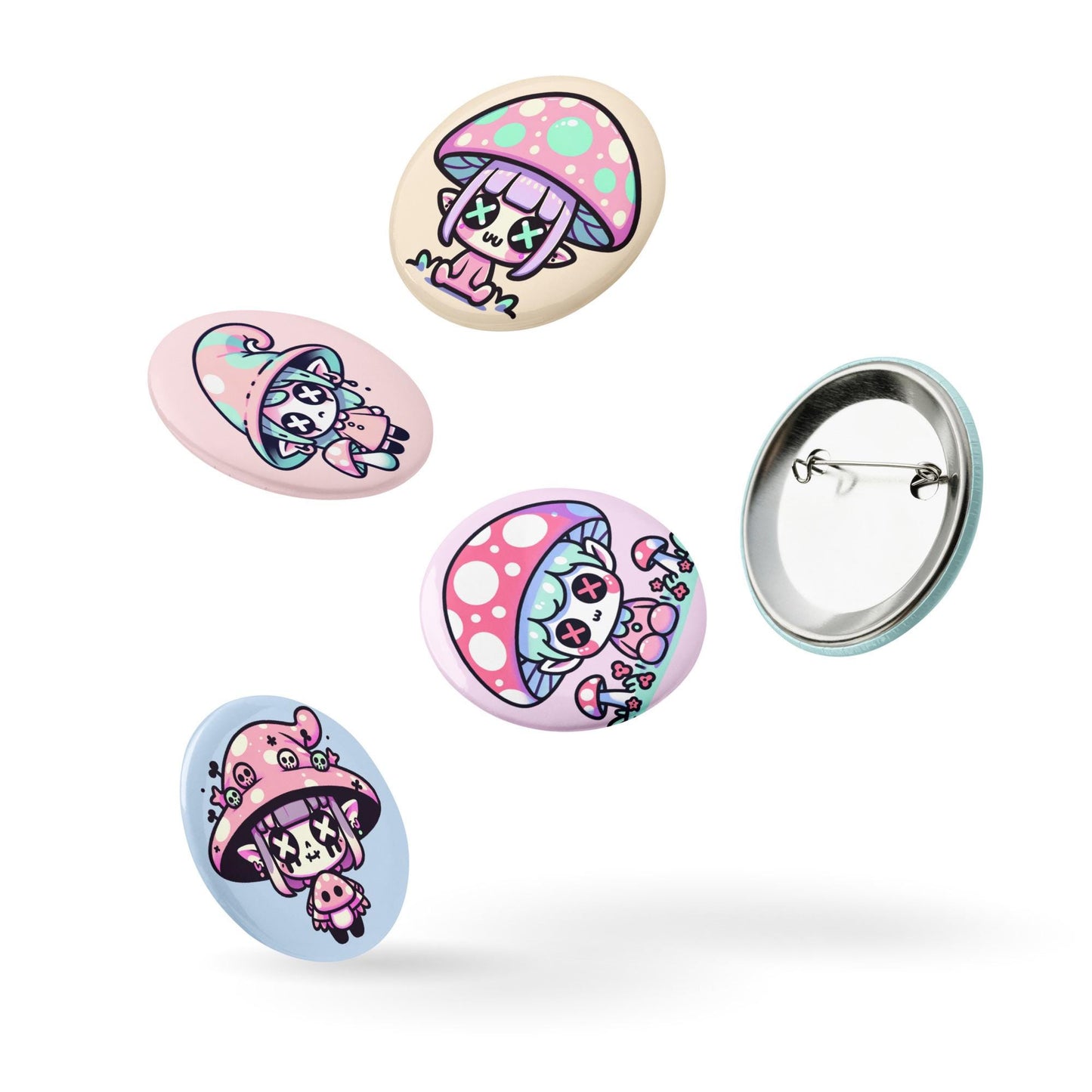 Trippy Pastel Grunge Goth Mushroom People Kawaii Set of 5 Button Pins