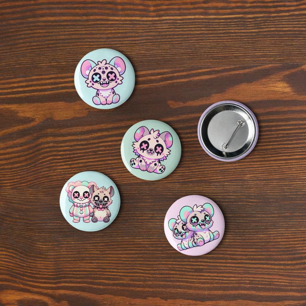 Creepy Cute Weirdcore Hyena Clowncore Set of 5 Pin Buttons
