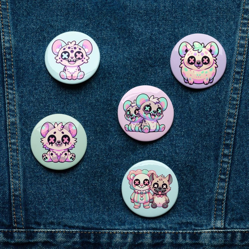 Creepy Cute Weirdcore Hyena Clowncore Set of 5 Pin Buttons