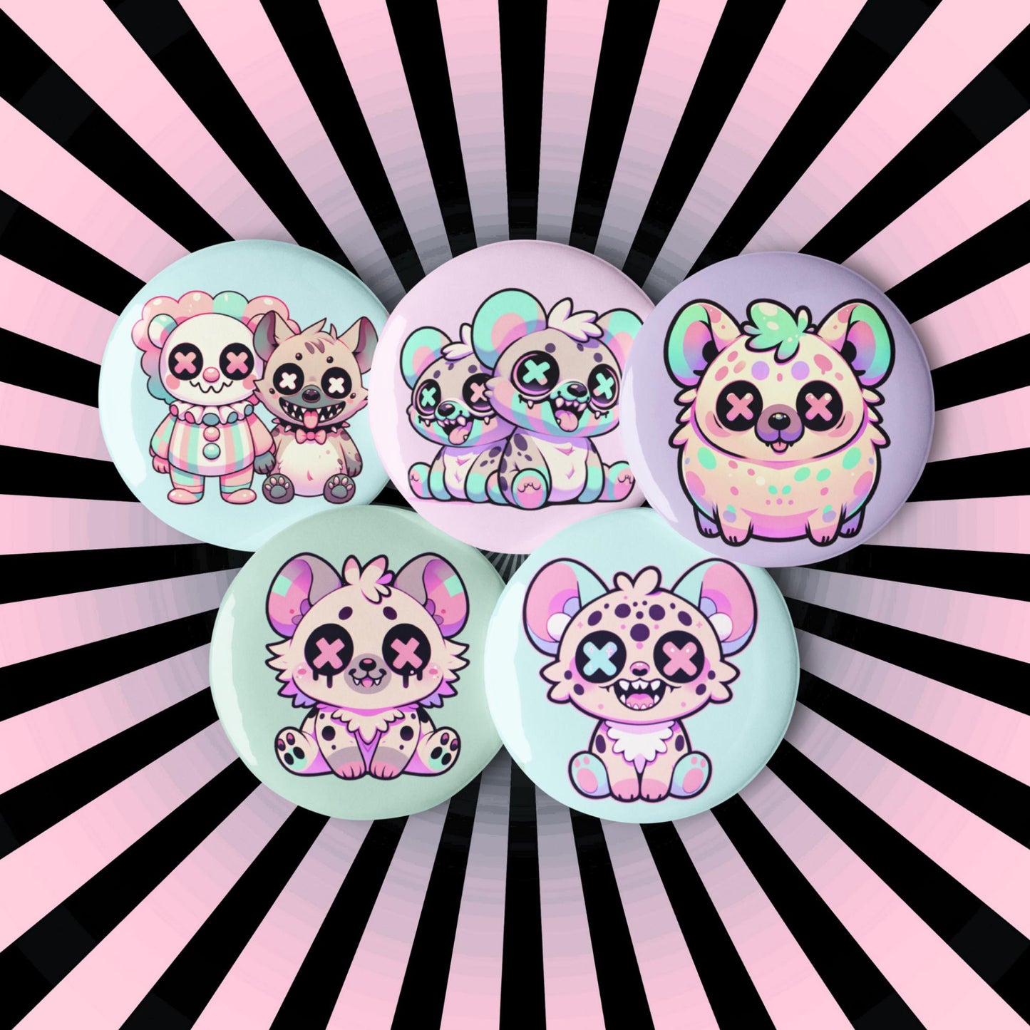 Creepy Cute Weirdcore Hyena Clowncore Set of 5 Pin Buttons