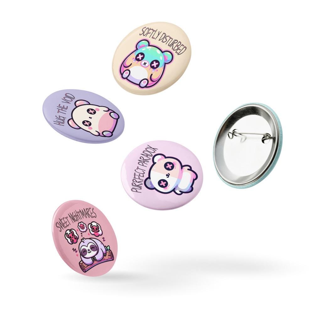 Trippy Weirdcore Mental Health Kawaii Pastel Goth Set of 5 Pin Buttons