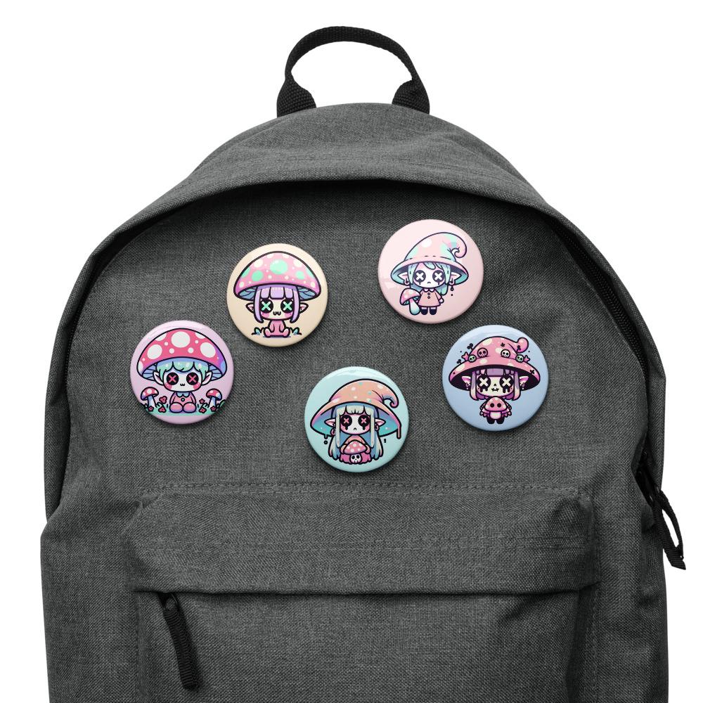 Trippy Pastel Grunge Goth Mushroom People Kawaii Set of 5 Button Pins