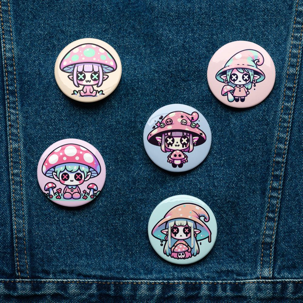 Trippy Pastel Grunge Goth Mushroom People Kawaii Set of 5 Button Pins