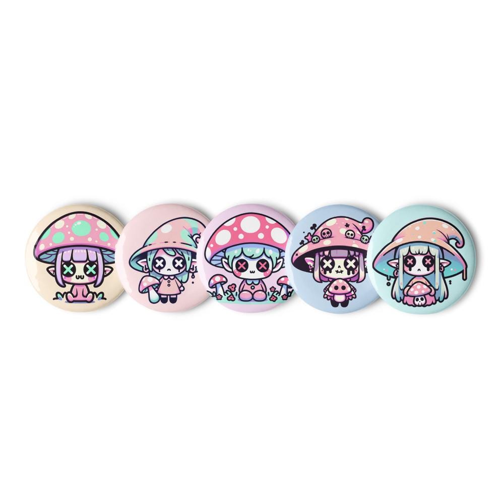 Trippy Pastel Grunge Goth Mushroom People Kawaii Set of 5 Button Pins